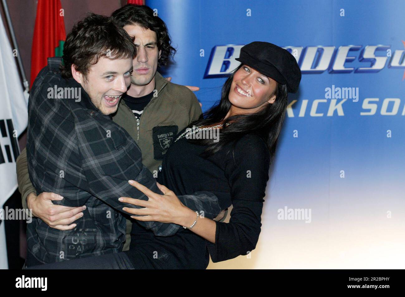 From left Hamish Blake, Andy Lee and Megan Gale at the Australian premiere of Blades Of Glory