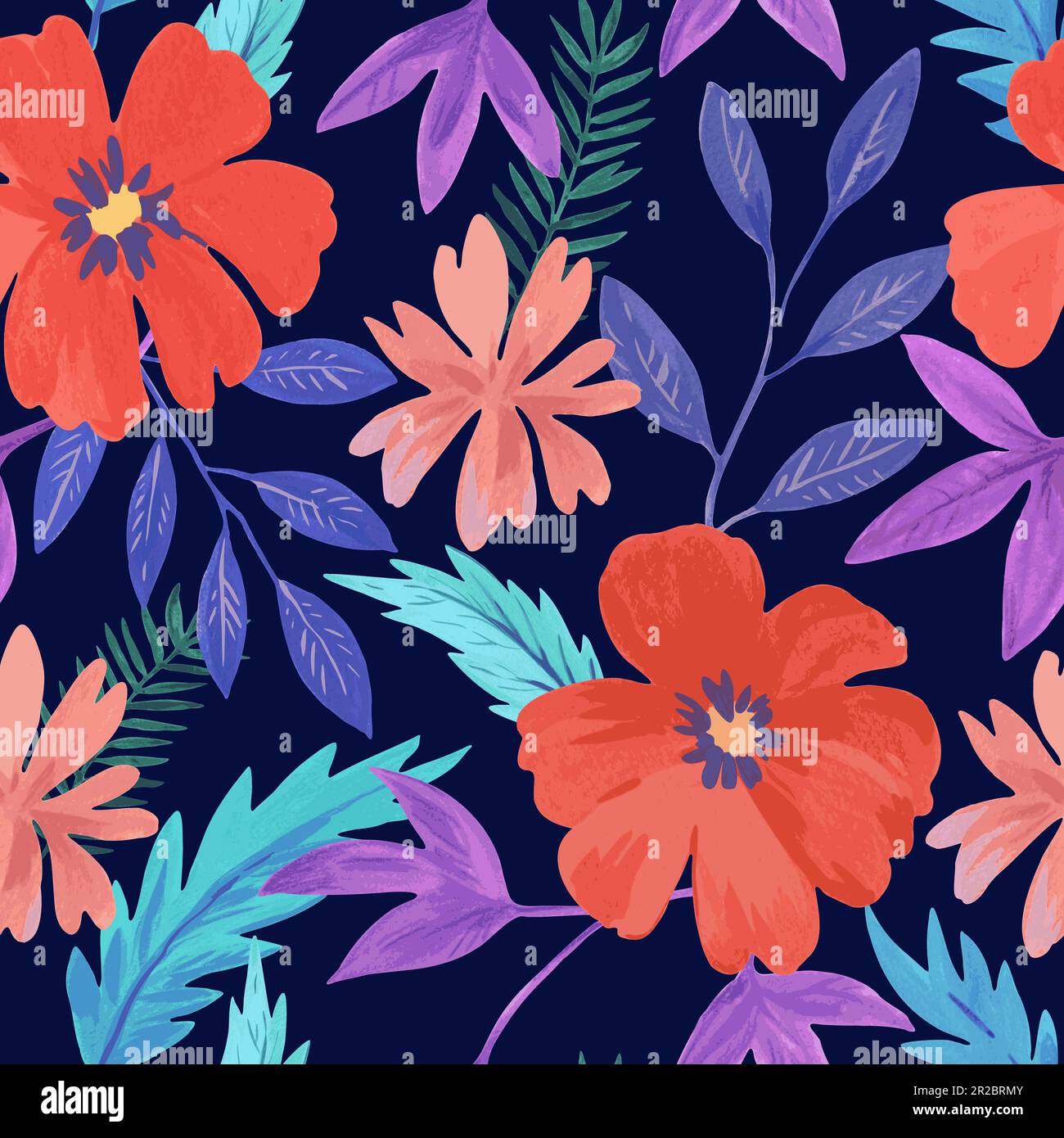 Seamless pattern with abstract red colorful flowers and various ...