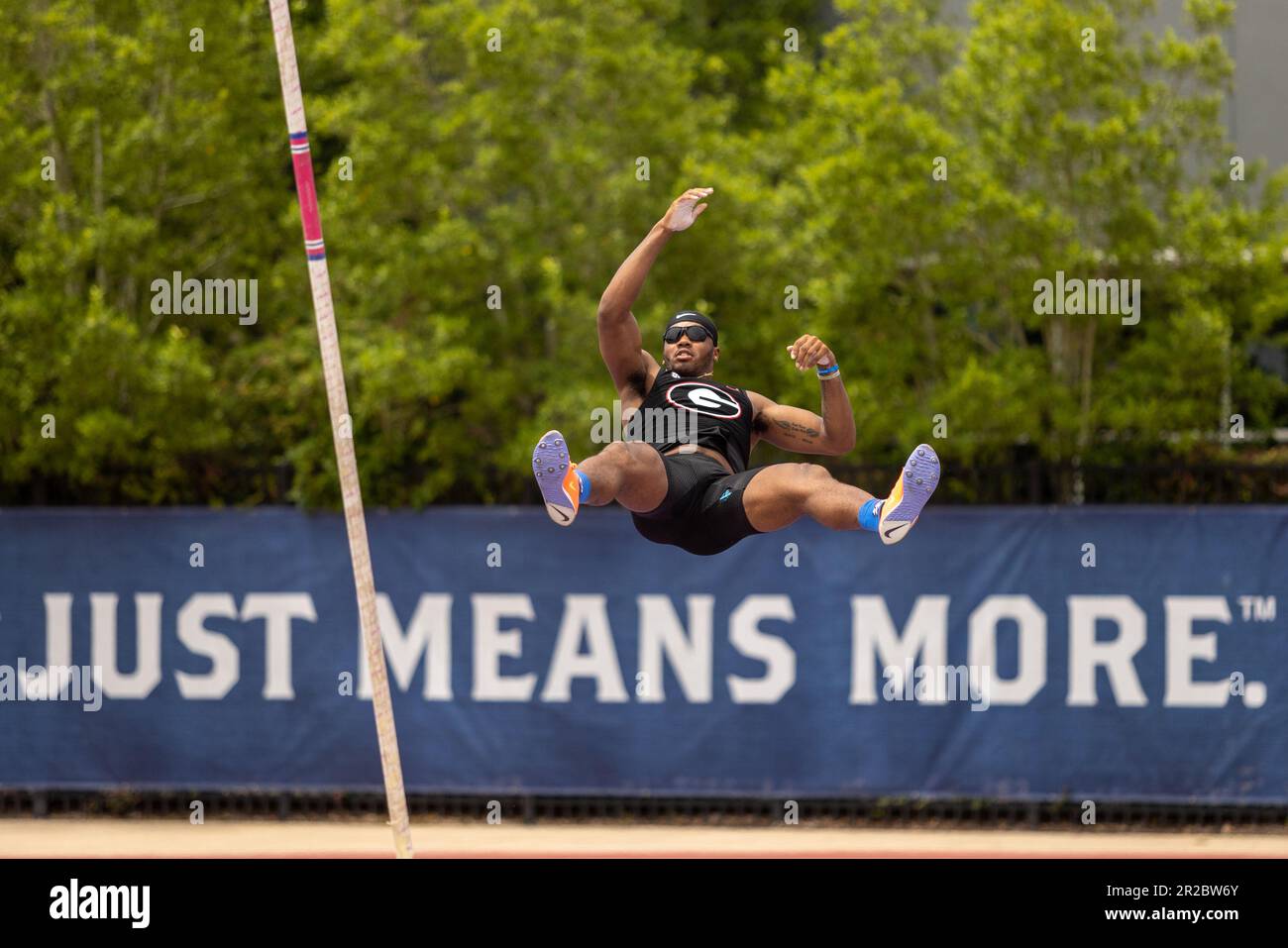 decathlete Kyle Garland clears a height in the pole vault on