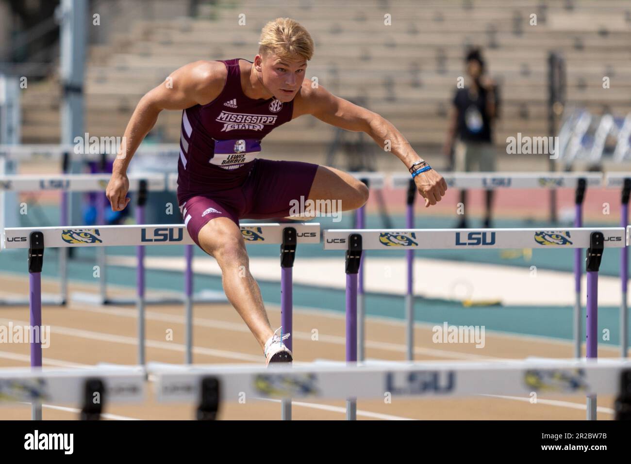 Mississippi State decathlete Lewis Barber runs the 110 hurdles to start