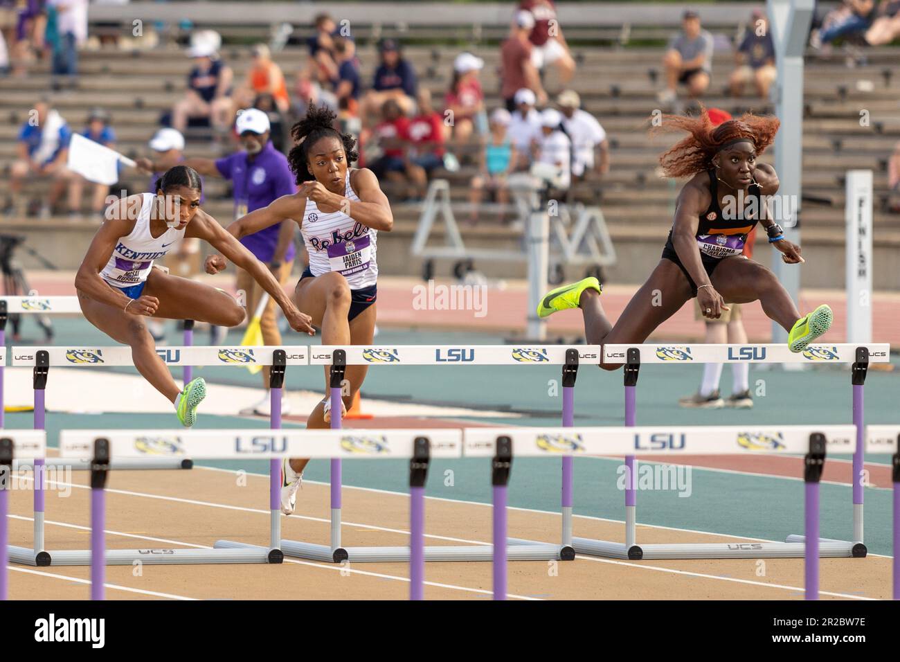 Kentucky hurdler Masai Russell runs the 100 meter hurdles prelim during