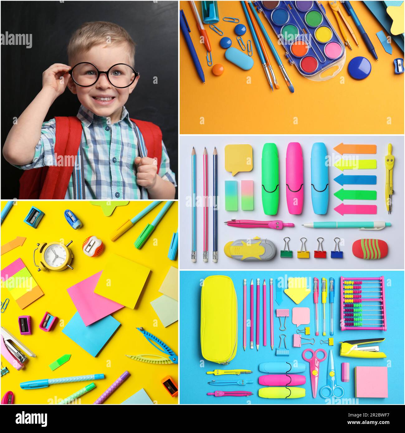 Collage with photos of cute boy and different stationery. Back to