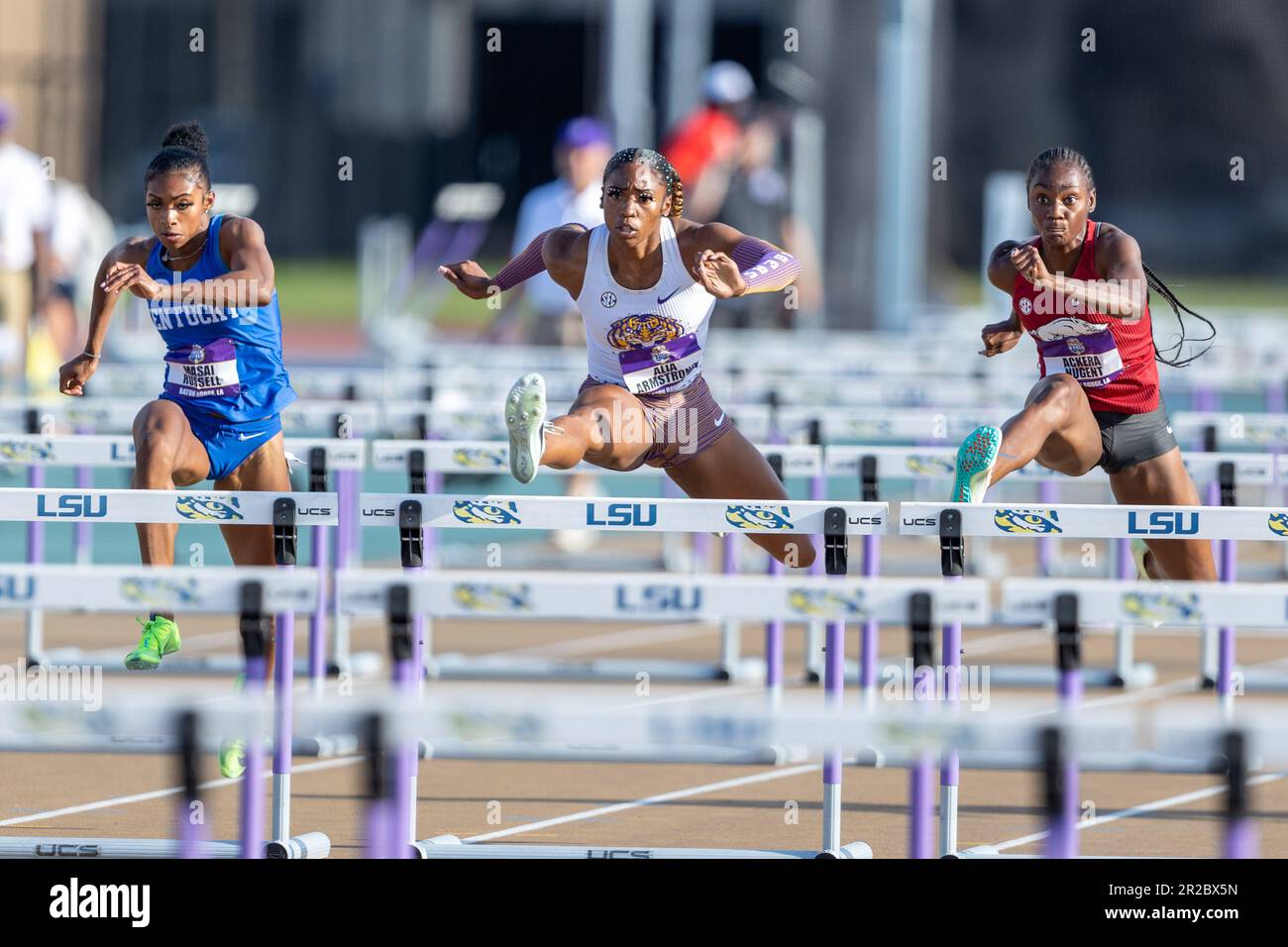 Kentucky's Masai Russell, LSU's Alia Armstrong, and Arkansas' Ackera