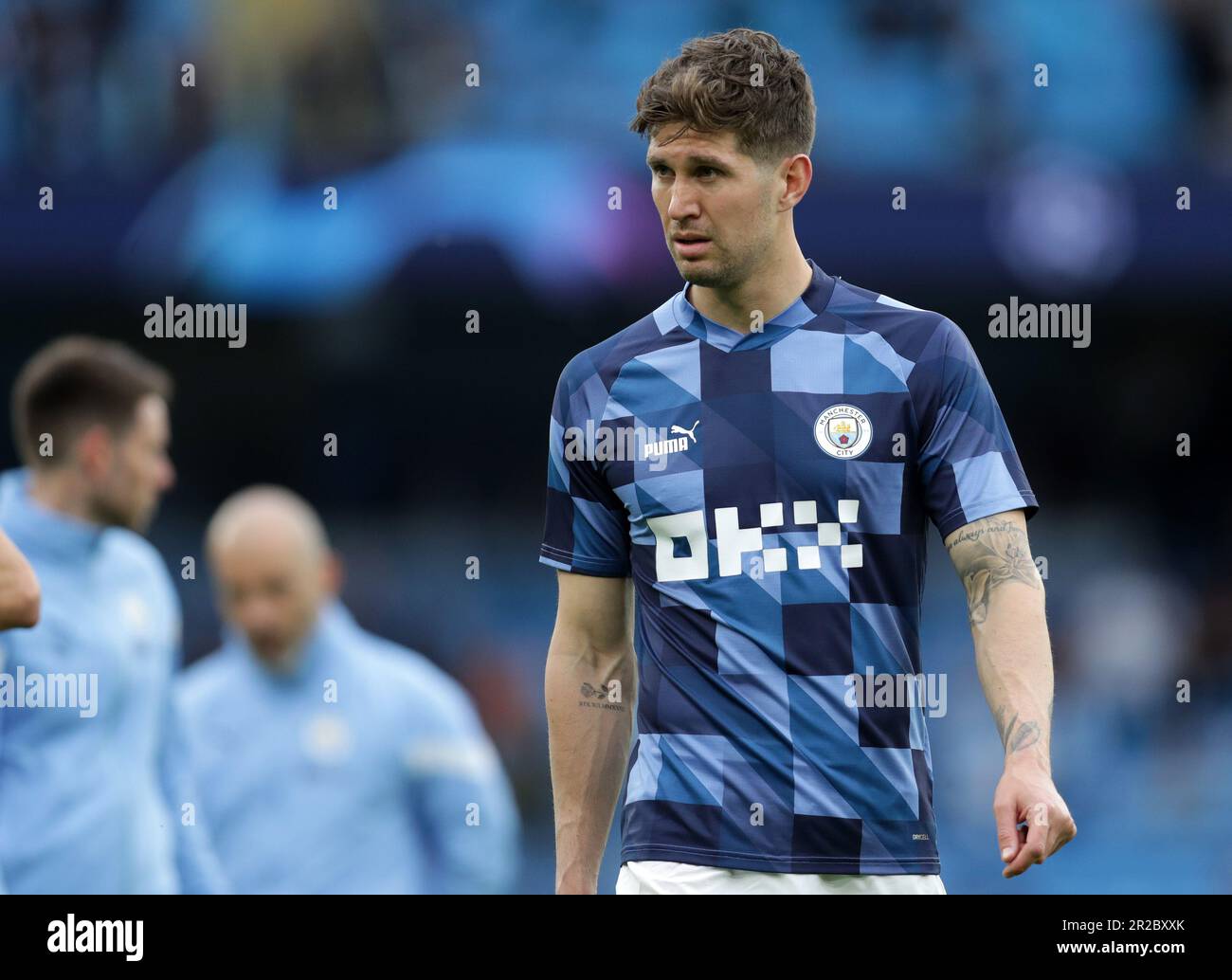 Etihad Stadium, Manchester, UK. 17th May, 2023. Champions League Football, Semi Final Second Leg, Manchester City versus Real Madrid; John Stones of Manchester City during the pre match warm up Credit: Action Plus Sports/Alamy Live News Stock Photo