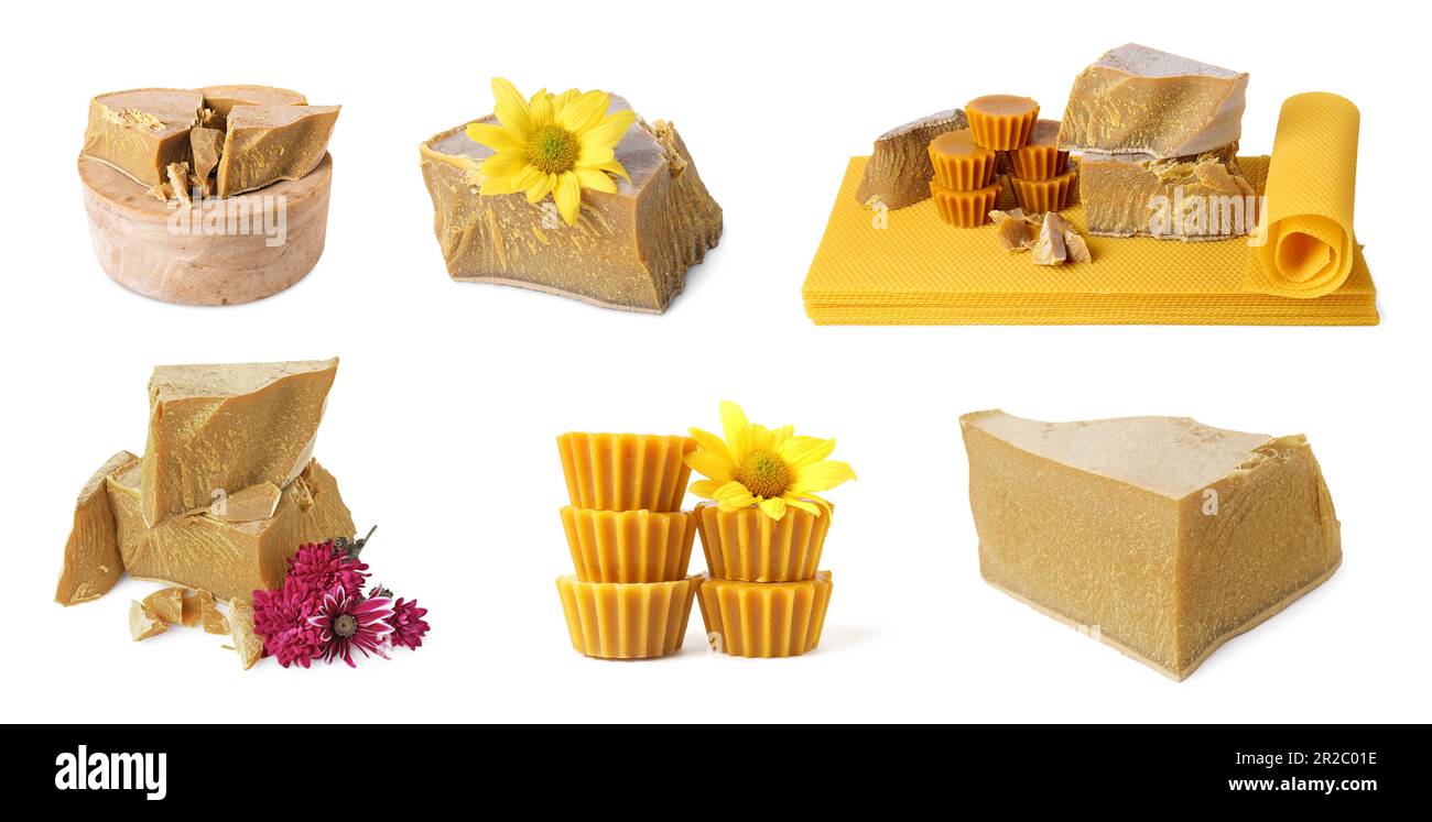 Set with natural organic beeswax on white background Stock Photo
