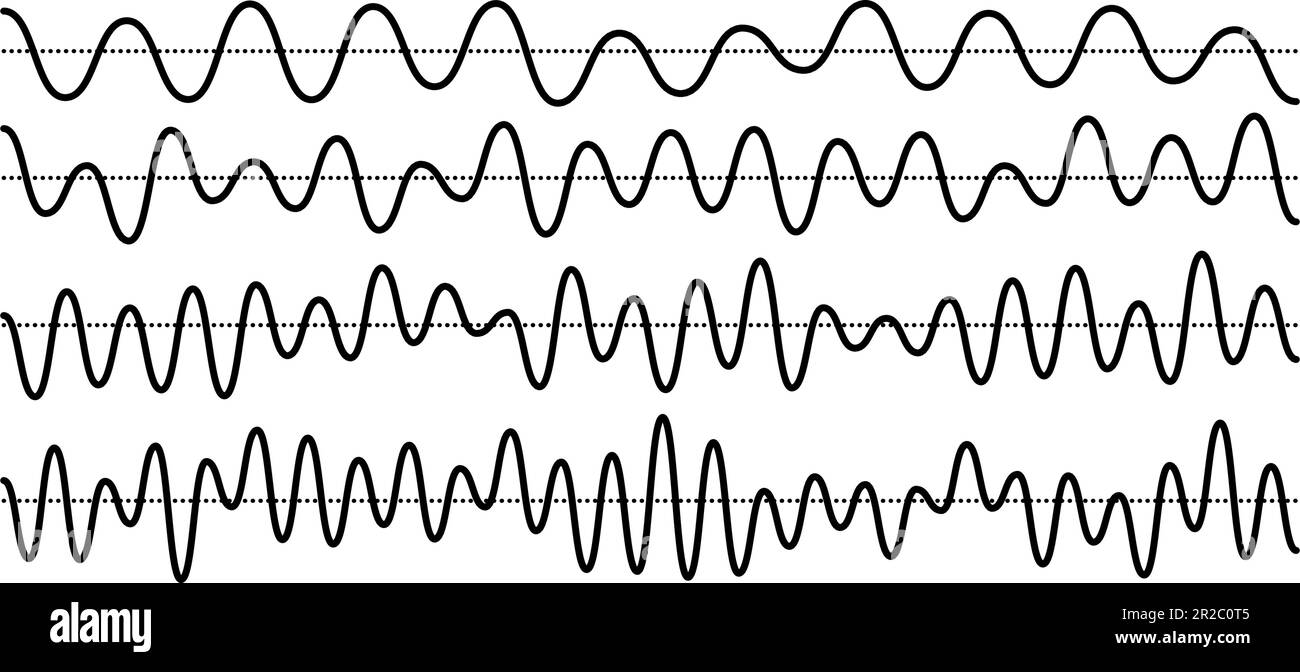 Sinusoid signals set. Black curve sound waves with different frequency and amplitude. Voice or music audio concept. Pulsating lines. Electronic radio graphics collection. Vector templates bundle Stock Vector