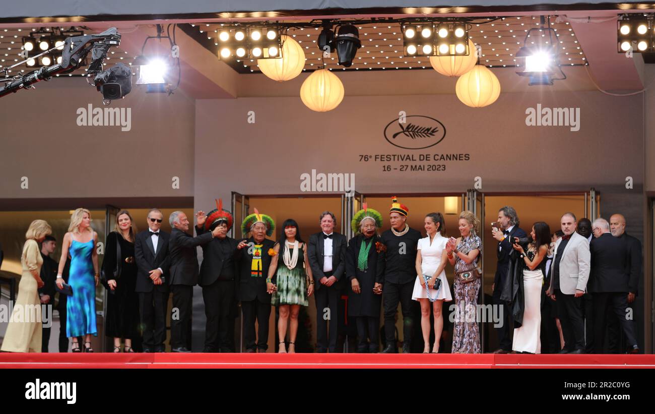 May 18, 2023, Cannes, Cote d'Azur, France: RAONI METUKTIRE, 90 years-and-something, along with indigenous Brazilians Kayapo attend the screening of 'Indiana Jones and the Dial of Destiny' during the 76th Annual Cannes Film Festival at Palais des Festivals on May 17, 2023 in Cannes, France (Credit Image: © Mickael Chavet/ZUMA Press Wire) EDITORIAL USAGE ONLY! Not for Commercial USAGE! Stock Photo