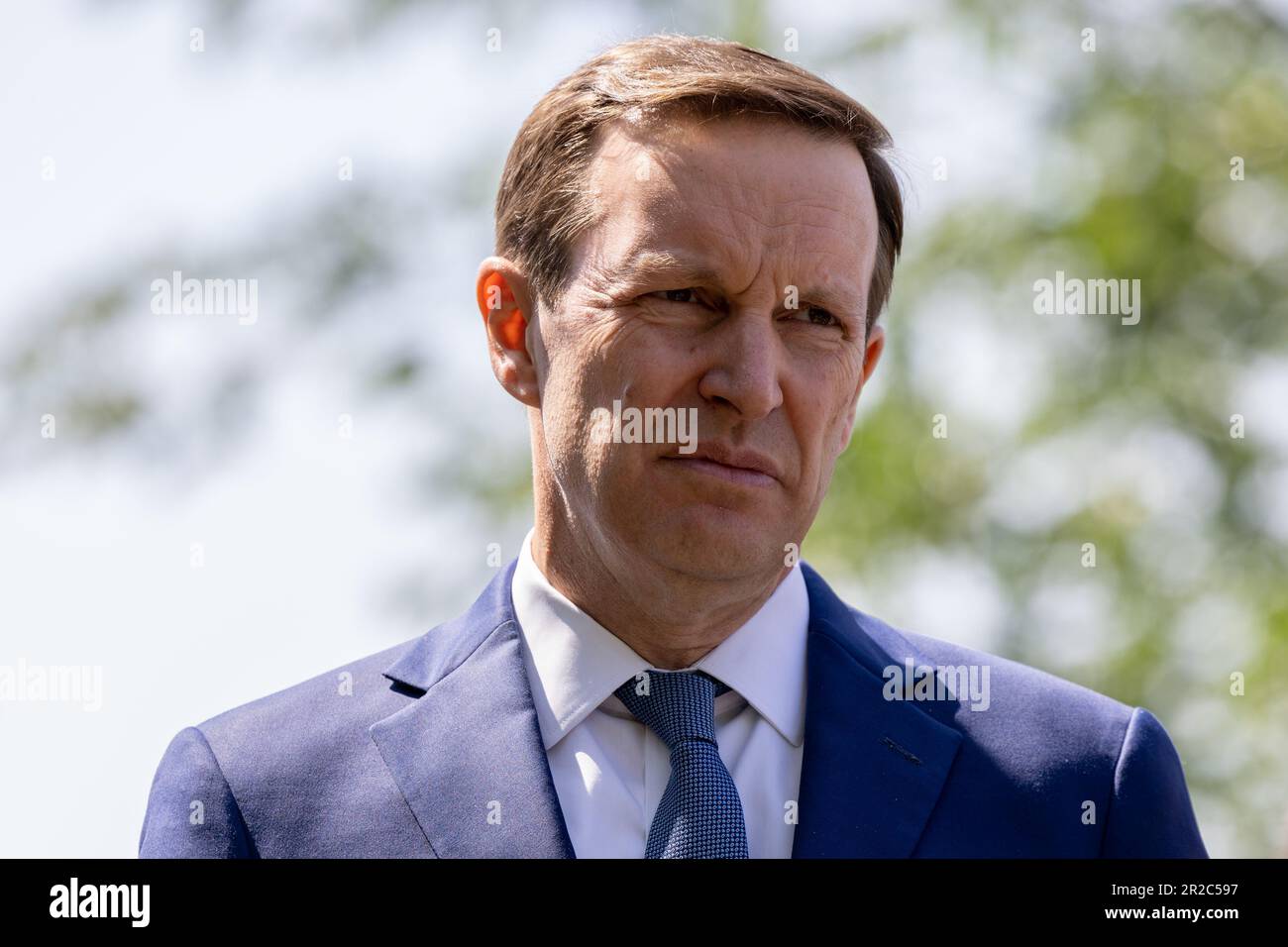 United States Senator Chris Murphy (Democrat of Connecticut) listens during a news conference outside the Capitol in Washington, DC, Thursday, May 18, 2023. Credit: Julia Nikhinson/CNP /MediaPunch Stock Photo
