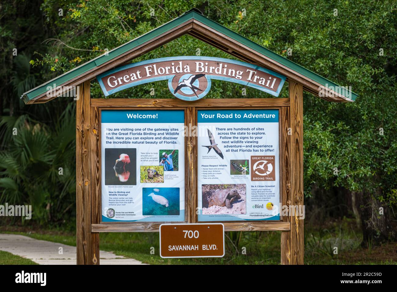 Great Florida Birding Trail informational sign at Paynes Prairie Preserve State Park in Micanopy, Florida. (USA) Stock Photo