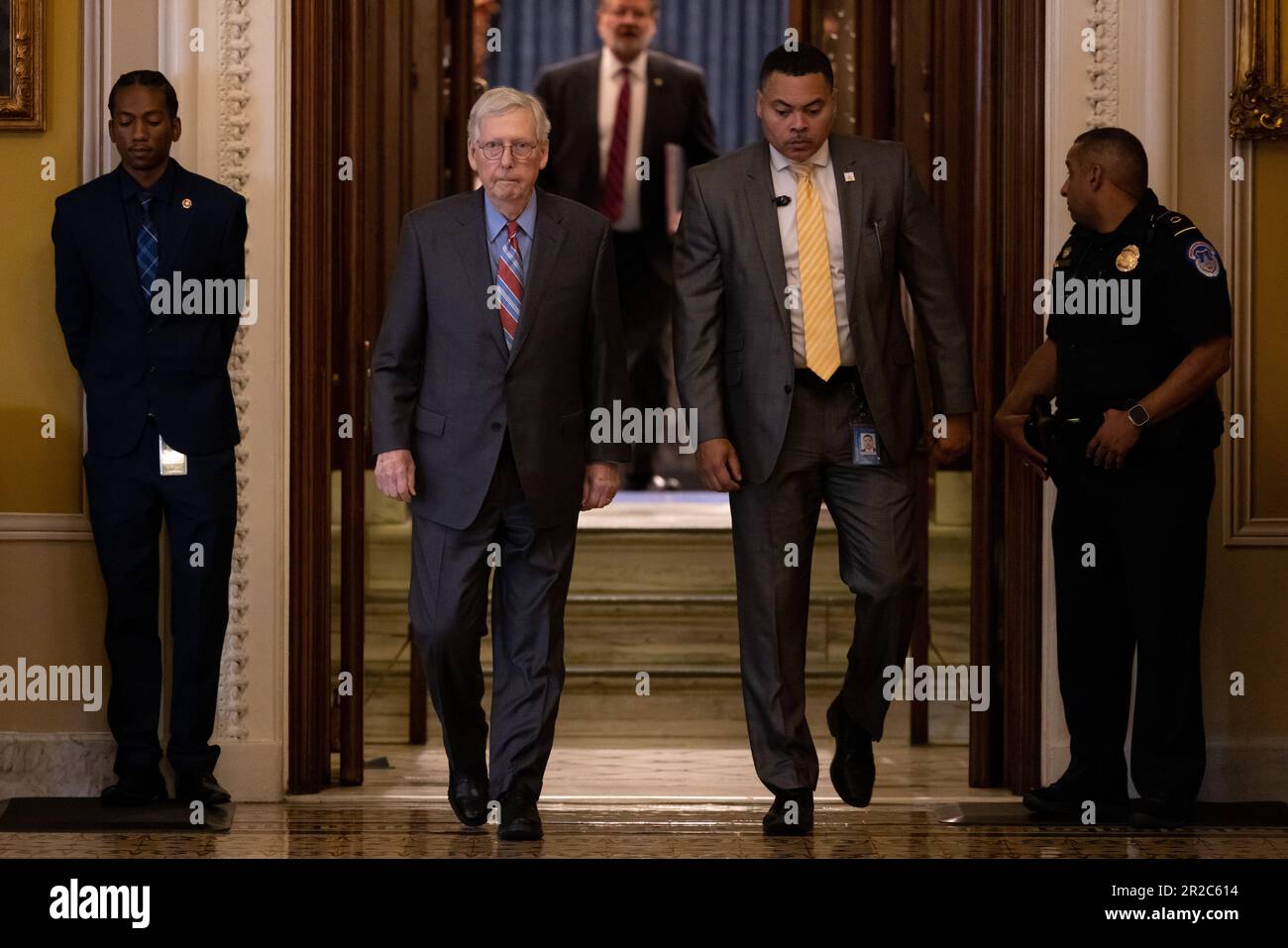 United States Senate Minority Leader Mitch McConnell (Republican of Kentucky) returns to his office after a vote in the Senate Chamber of the Capitol in Washington, DC, Thursday, May 18, 2023. Credit: Julia Nikhinson/CNP /MediaPunch Stock Photo