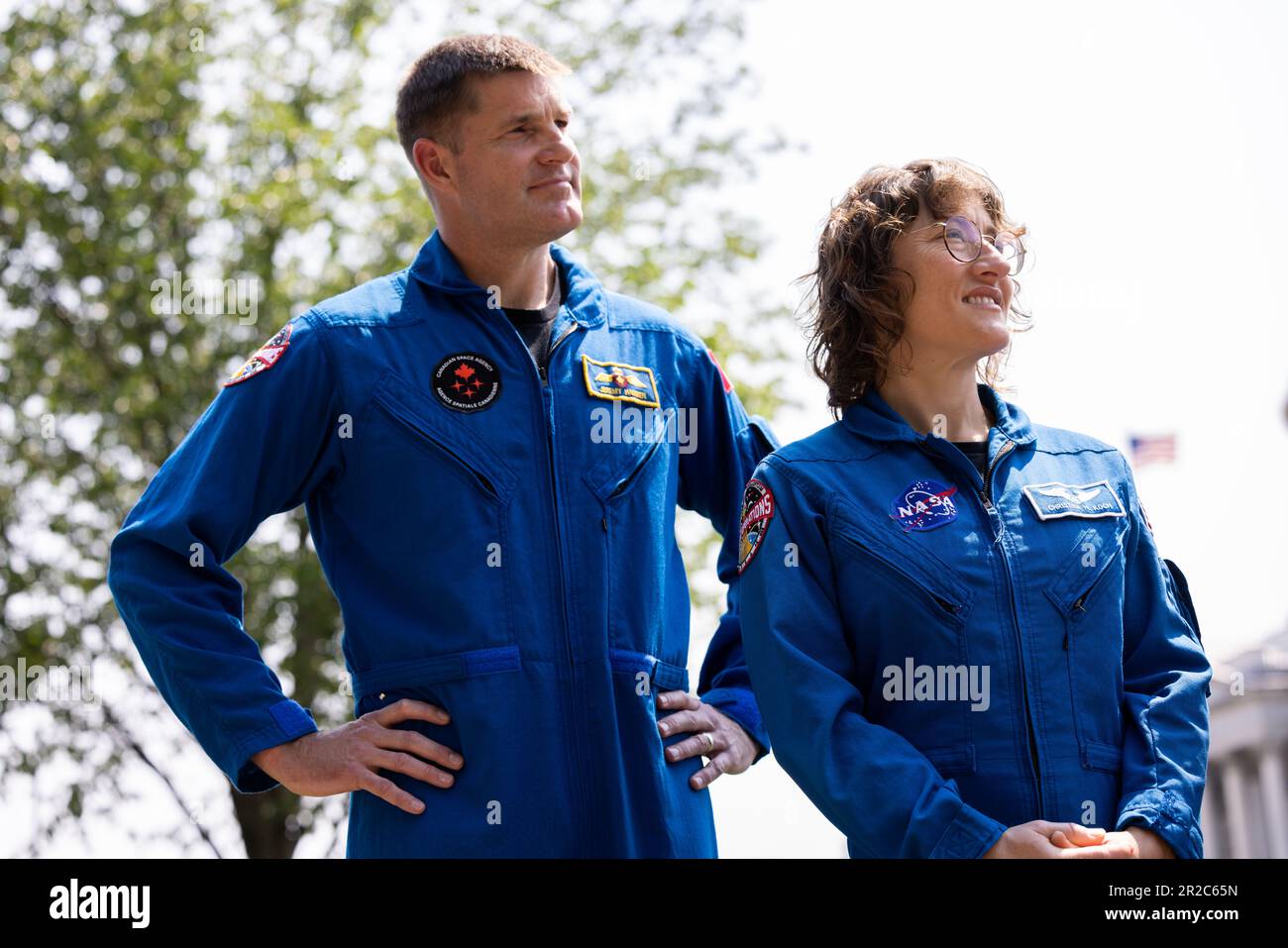 Canadian Space Agency astronaut Jeremy Hansen and NASA astronaut Christina Hammock Koch look on during a news conference about NASA's Artemis II mission outside the Capitol in Washington, DC, Thursday, May 18, 2023. Credit: Julia Nikhinson/CNP /MediaPunch Stock Photo