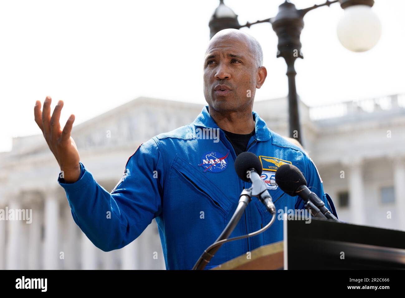 NASA astronaut Victor Glover speaks during a news conference about NASA's Artemis II mission outside the Capitol in Washington, DC, Thursday, May 18, 2023. Credit: Julia Nikhinson/CNP /MediaPunch Stock Photo