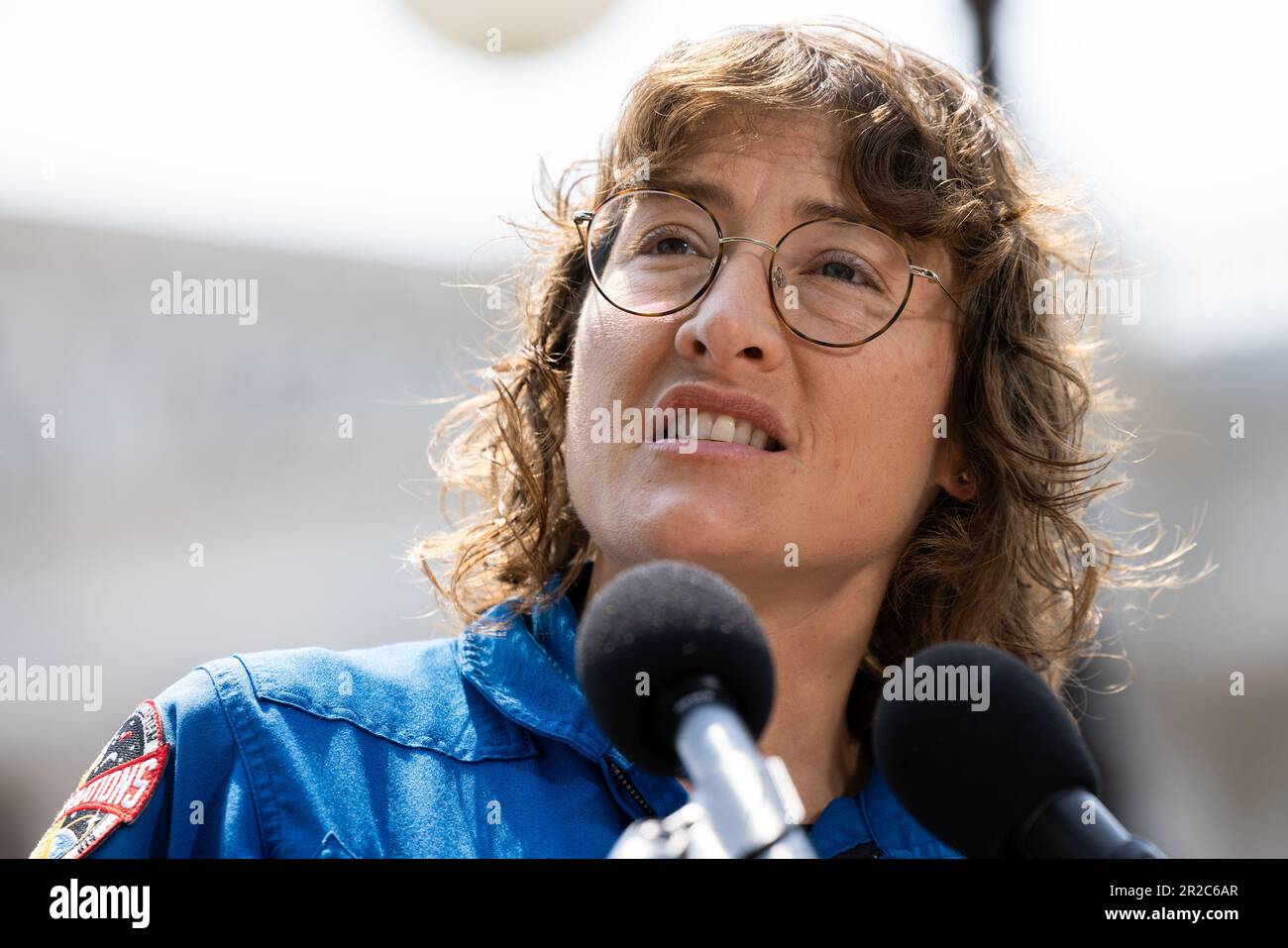 NASA astronaut Christina Hammock Koch speaks during a news conference about NASA's Artemis II mission outside the Capitol in Washington, DC, Thursday, May 18, 2023. Credit: Julia Nikhinson/CNP /MediaPunch Stock Photo