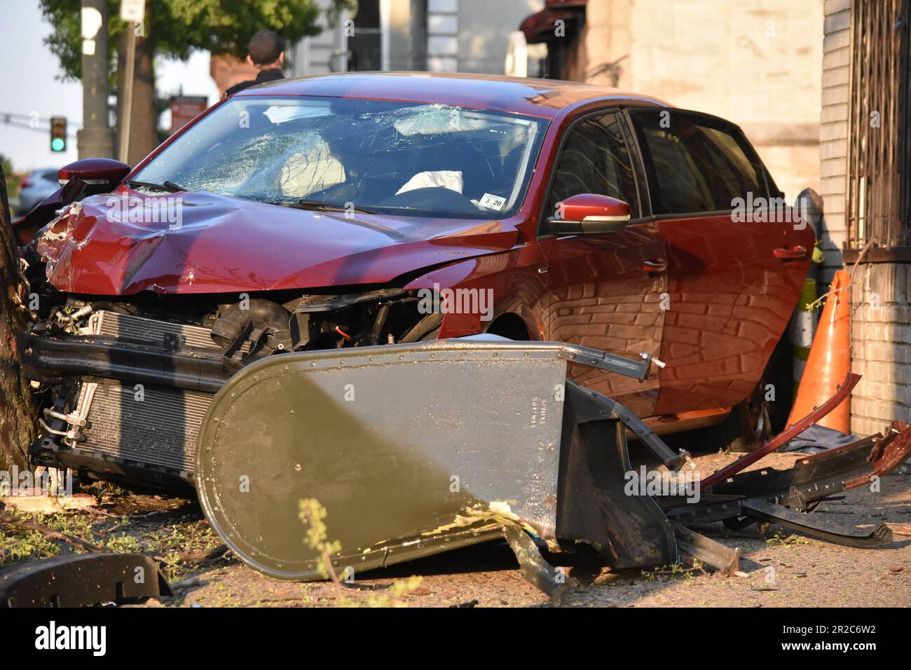 Paterson, United States. 18th May, 2023. Single vehicle crashes into a