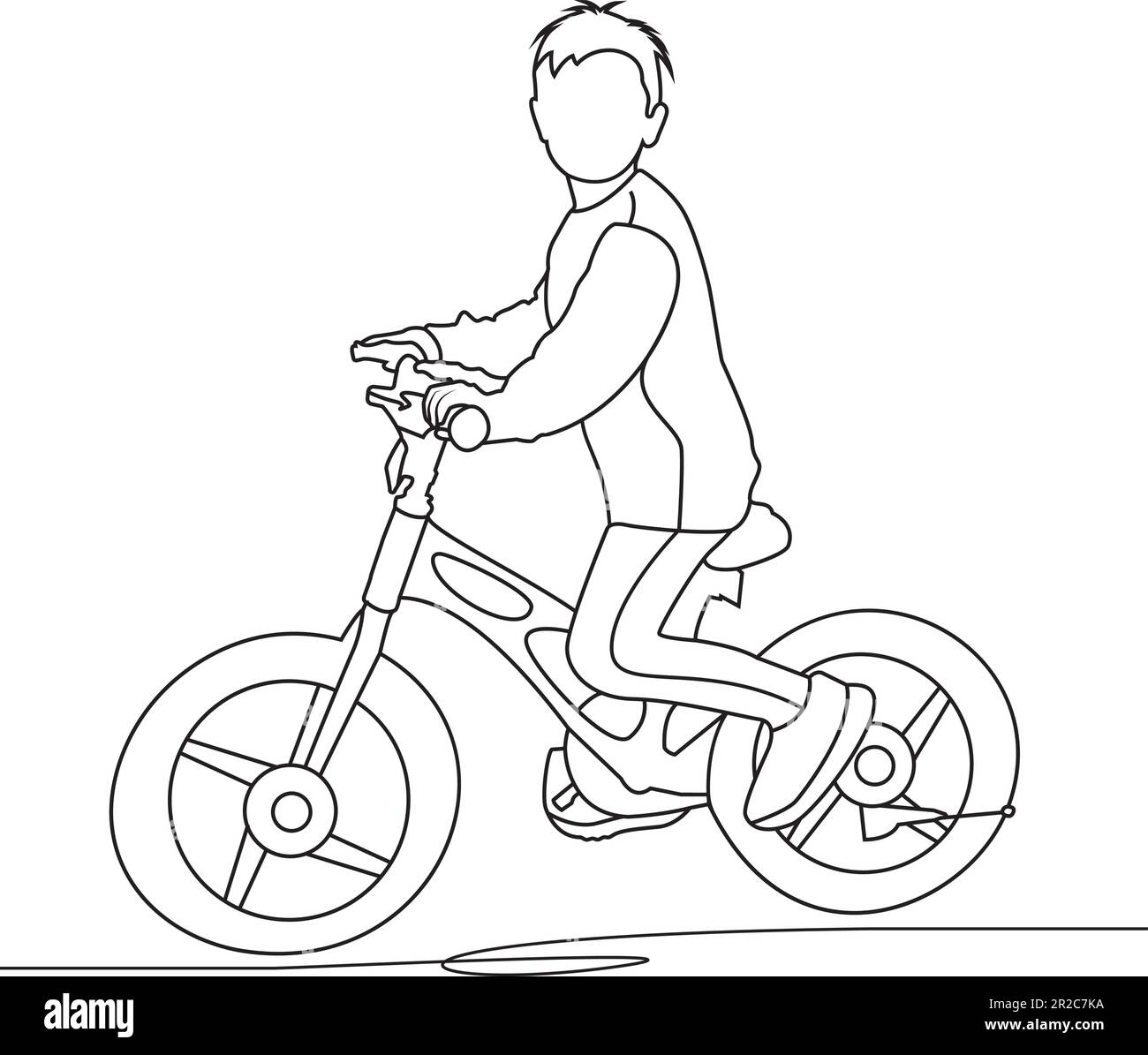 kid boy riding a bike line art Stock Vector