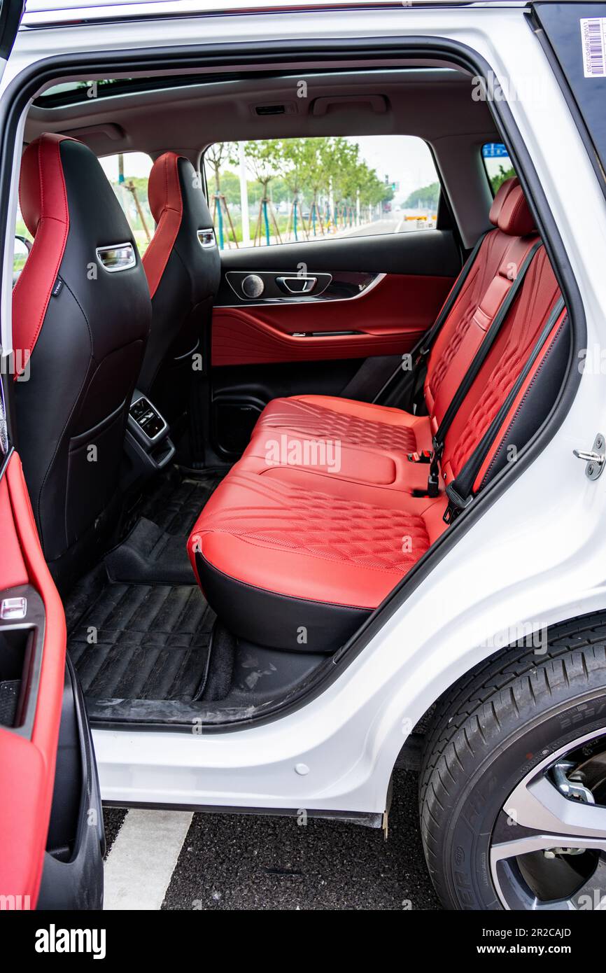 The rear seats of a Chery Tiggo 7 Pro (badged at Tiggo 7 Plus for China) SUV car pictured during a test in Shanghai, China. Stock Photo