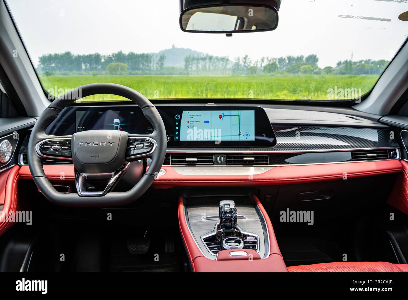 Front dashboard of a Chery Tiggo 7 Pro (badged at Tiggo 7 Plus for China) SUV car pictured during a test in Shanghai, China. Stock Photo