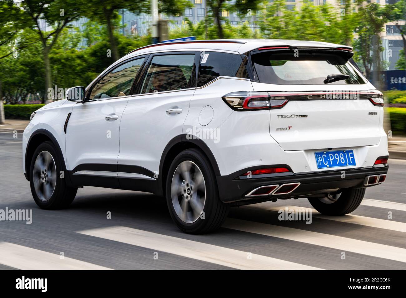 Chery Tiggo 7 Pro (badged at Tiggo 7 Plus for China) SUV car pictured being driven during a test in Shanghai, China. Stock Photo