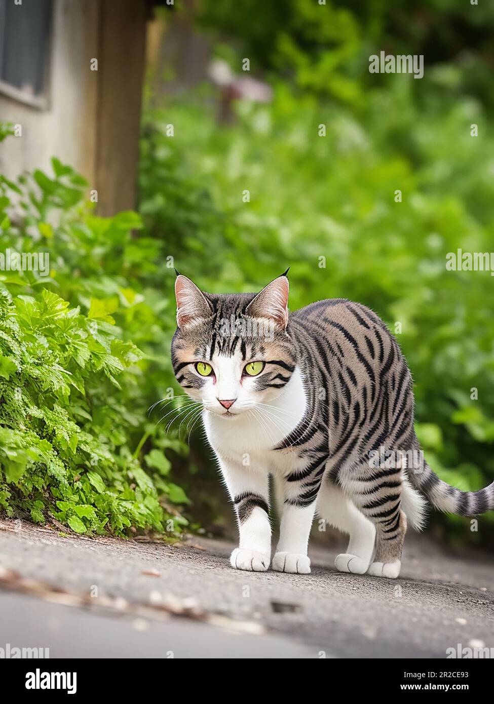 international cat day on August 8th cute cat closeup posing sitting, walking, standing stray danger cat, pet protection, animal eating food Stock Photo