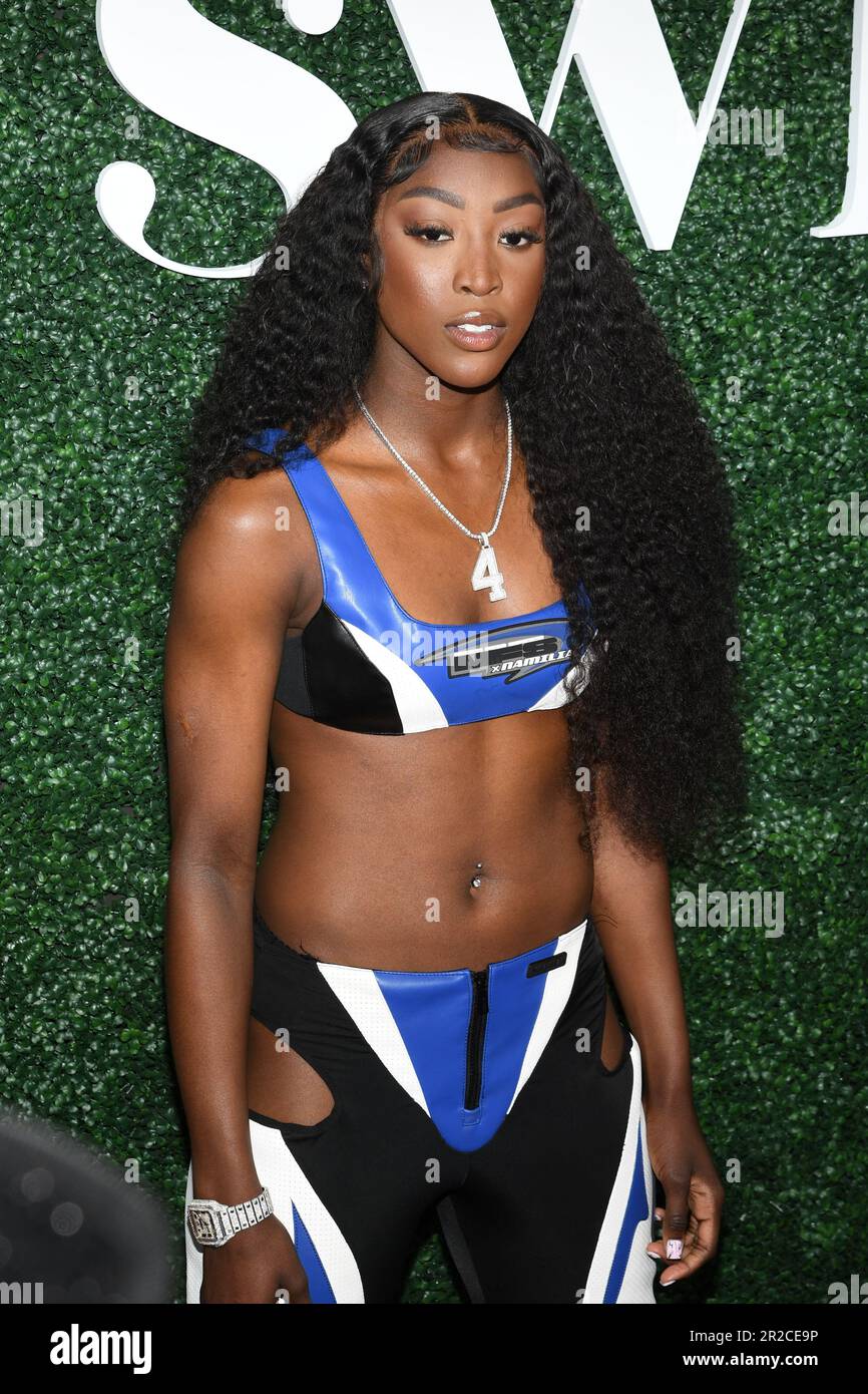 New York, USA. 18th May, 2023. Flau'jae Johnson walking the red carpet at  the 2023 Sports Illustrated Swimsuit Issue Launch Party at Hard Rock Hotel  Times Square in New York, NY on