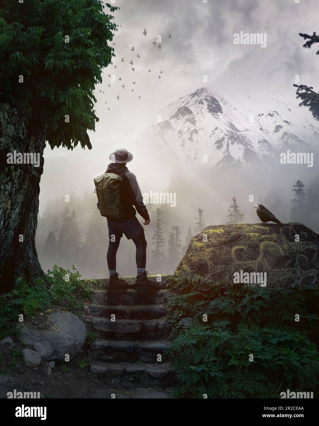 Man tourist climber with backpack in hat standing at stairs near stone with ancient petroglyph and bird on it in the mountain valley with snowy peaks Stock Photo