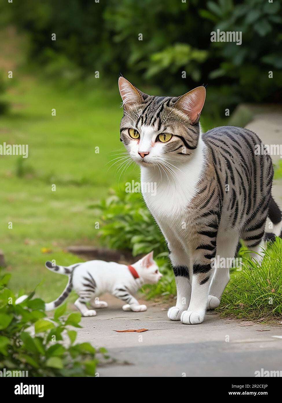 international cat day on August 8th cute cat closeup posing sitting, walking, standing stray danger cat, pet protection, animal eating food Stock Photo