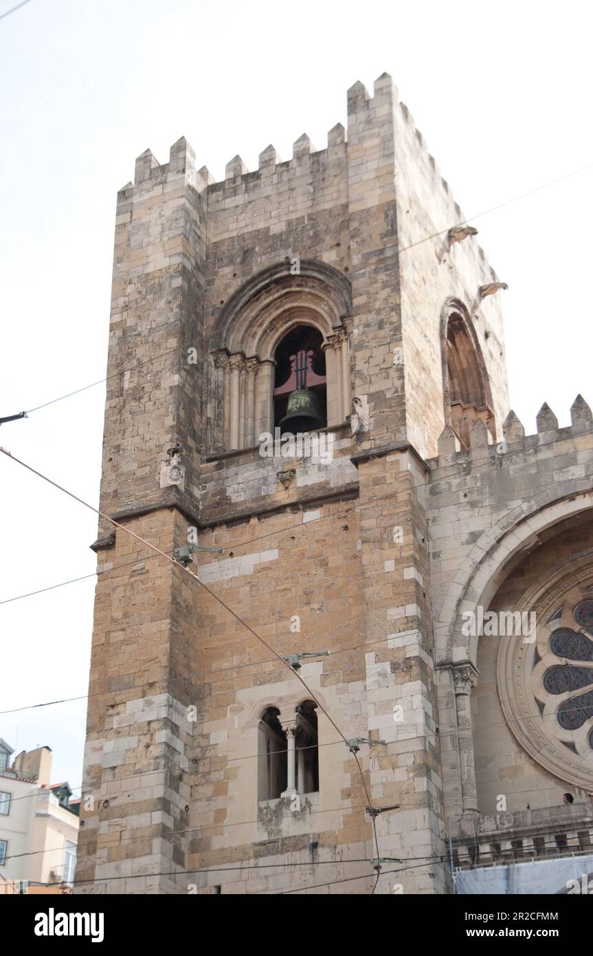 Tower and Façade of the Lisbon Cathedral (Cathedral of Saint Mary Major), Sa de Lisboa, Lisbon, Portugal Stock Photo