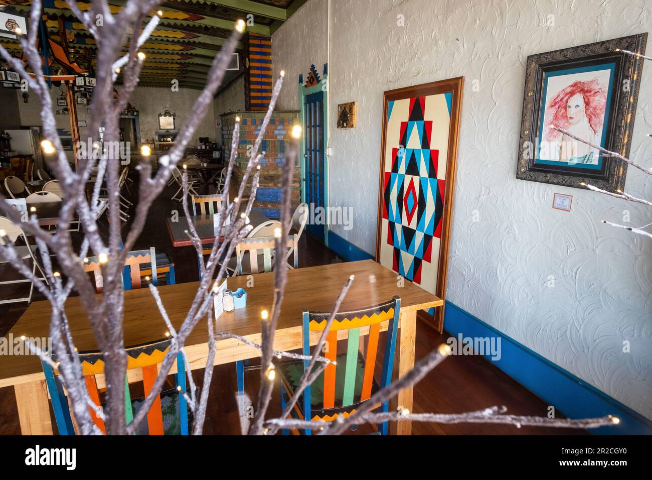 Mountainair, New Mexico, USA -- colorful designs in the dining room at the historic Shaffer Hotel Stock Photo