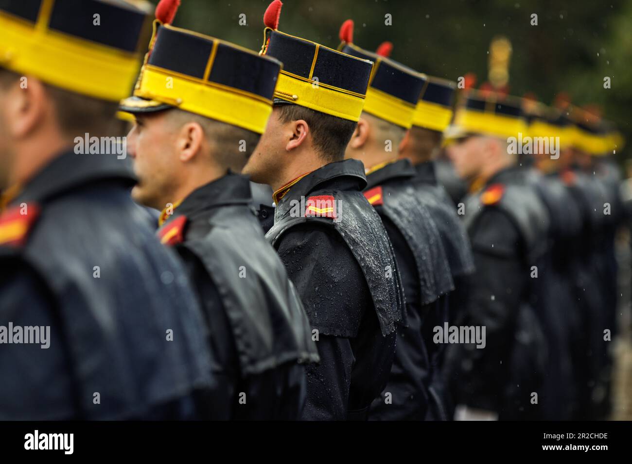Bucharest, Romania - May 17, 2023: Michael the Brave 30th Guards Brigade soldier during a ceremony on a rainy day. Stock Photo