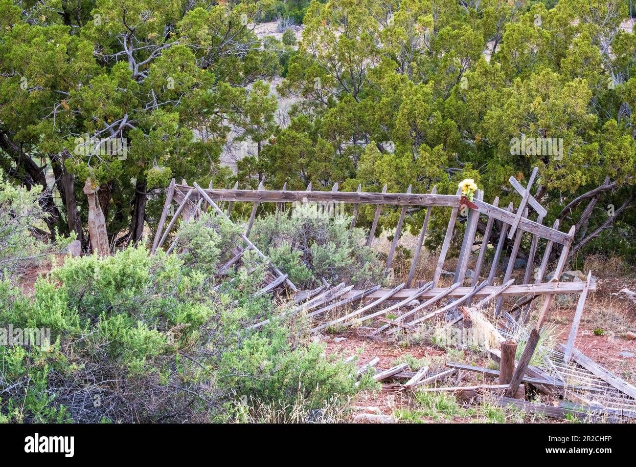 Rustic wooden grave fence falling down, San Francisco de Asís Catholic Church, Golden, New Mexico, USA Stock Photo