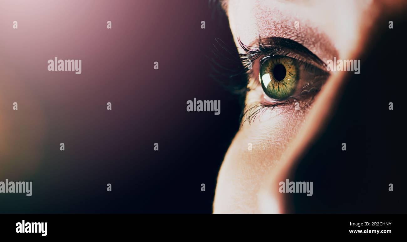 Woman, face and closeup of eye on mockup space for vision or sight