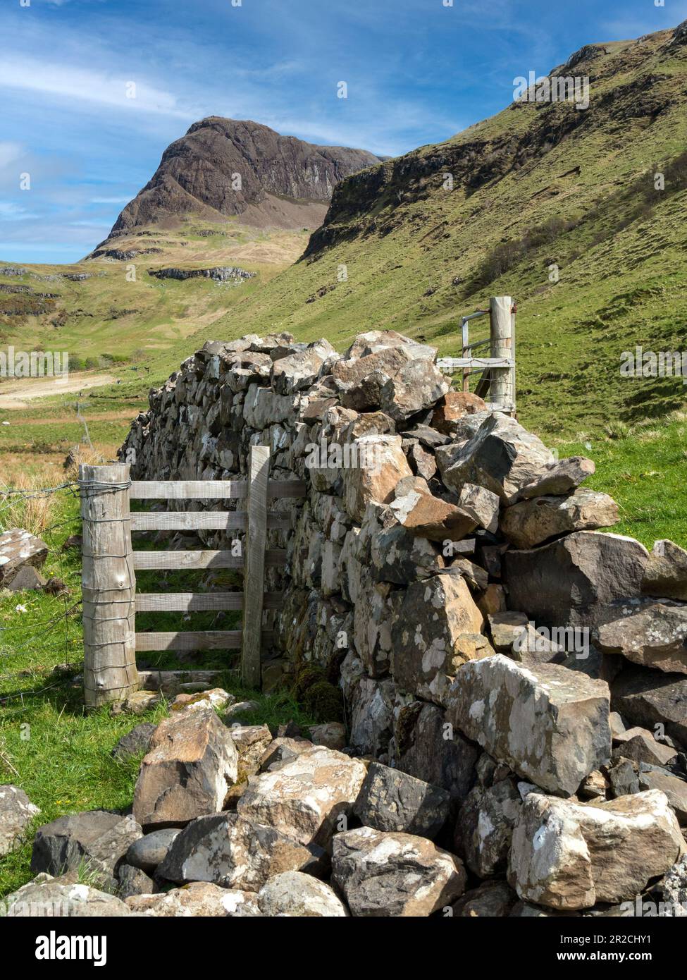 Ruins of old dry stone wall and wooden fence with Preshal More mountain beyond, Talisker, Isle of Skye, Scotland, UK Stock Photo
