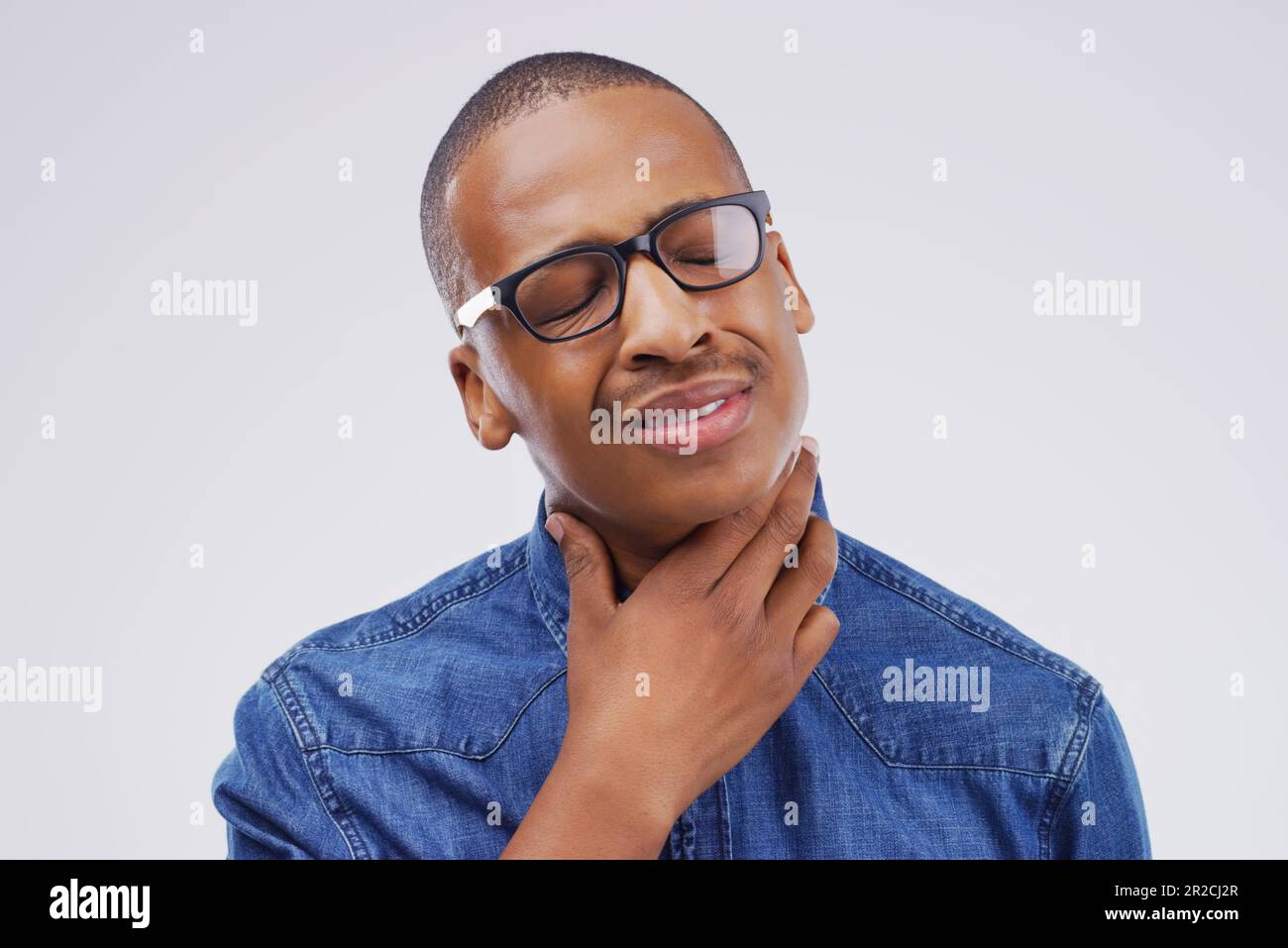 Black man, sore throat and virus from cough, allergies or bacteria