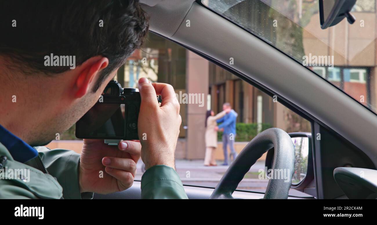 Private Detective Spying On Cheating Woman Wife Stock Photo