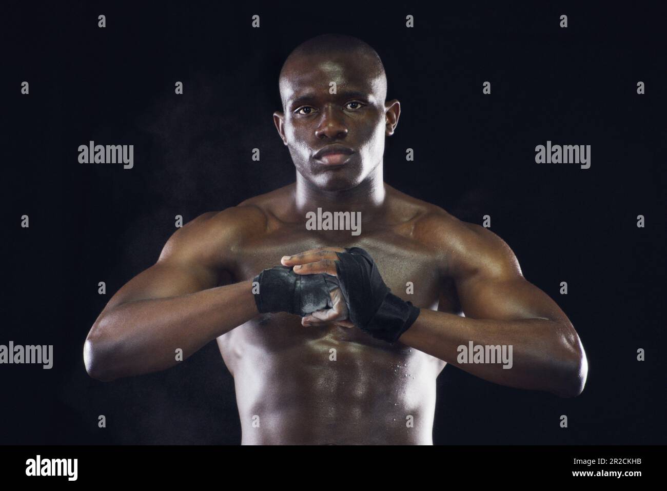 Boxer fitness and portrait of strong black man on dark background