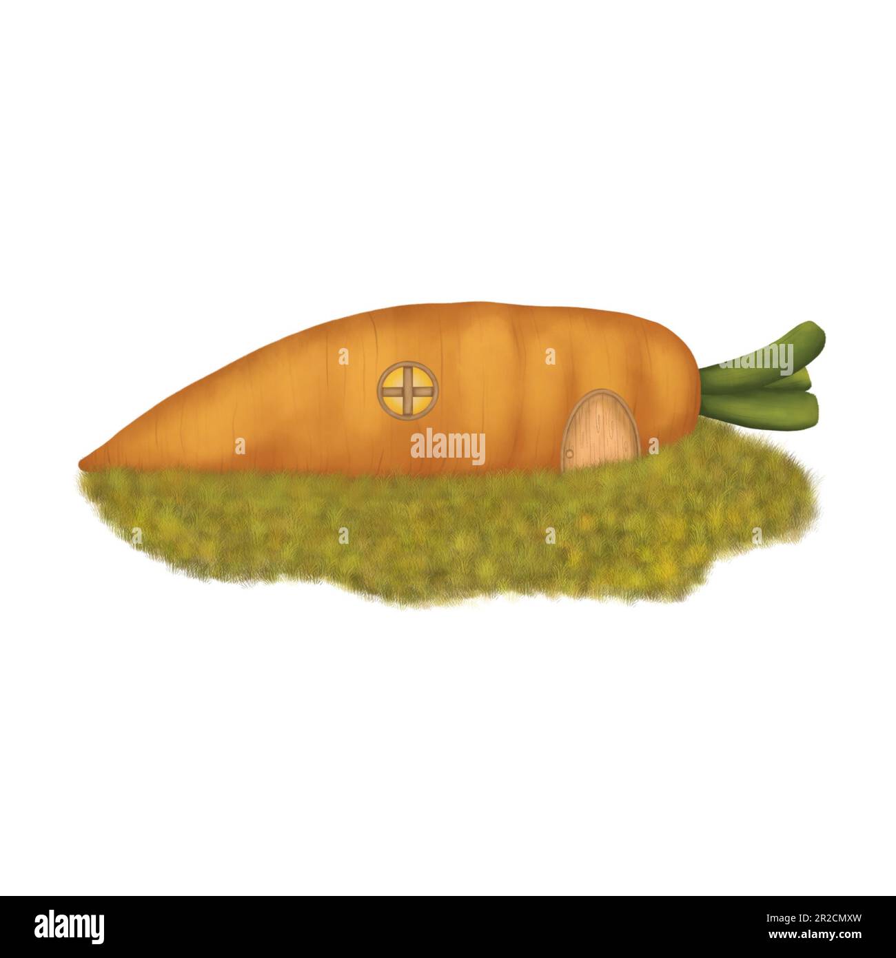 Watercolor carrot house with lawn illustration isolated on white