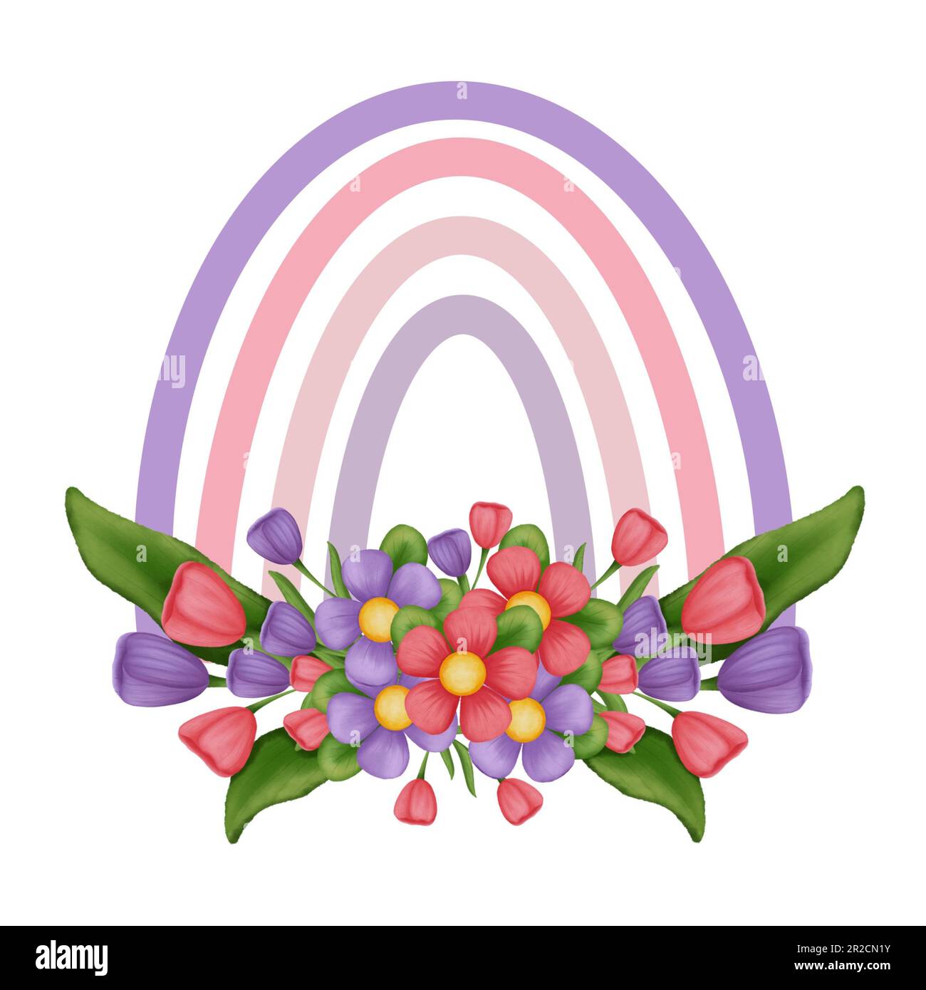 Rainbow with spring flower bouquet illustration isolated on white background.Wedding decoration,greeting,invitation,birthday party. Stock Photo