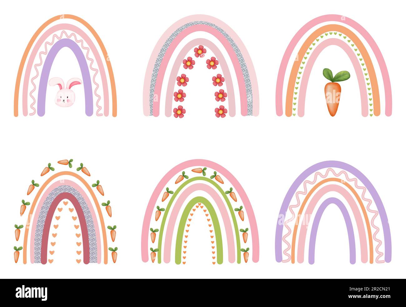 Set of boho rainbow illustration.Boho rainbow with colorful spring flower,bunny and carrot isolated on white background.Perfect for Spring and Easter Stock Photo