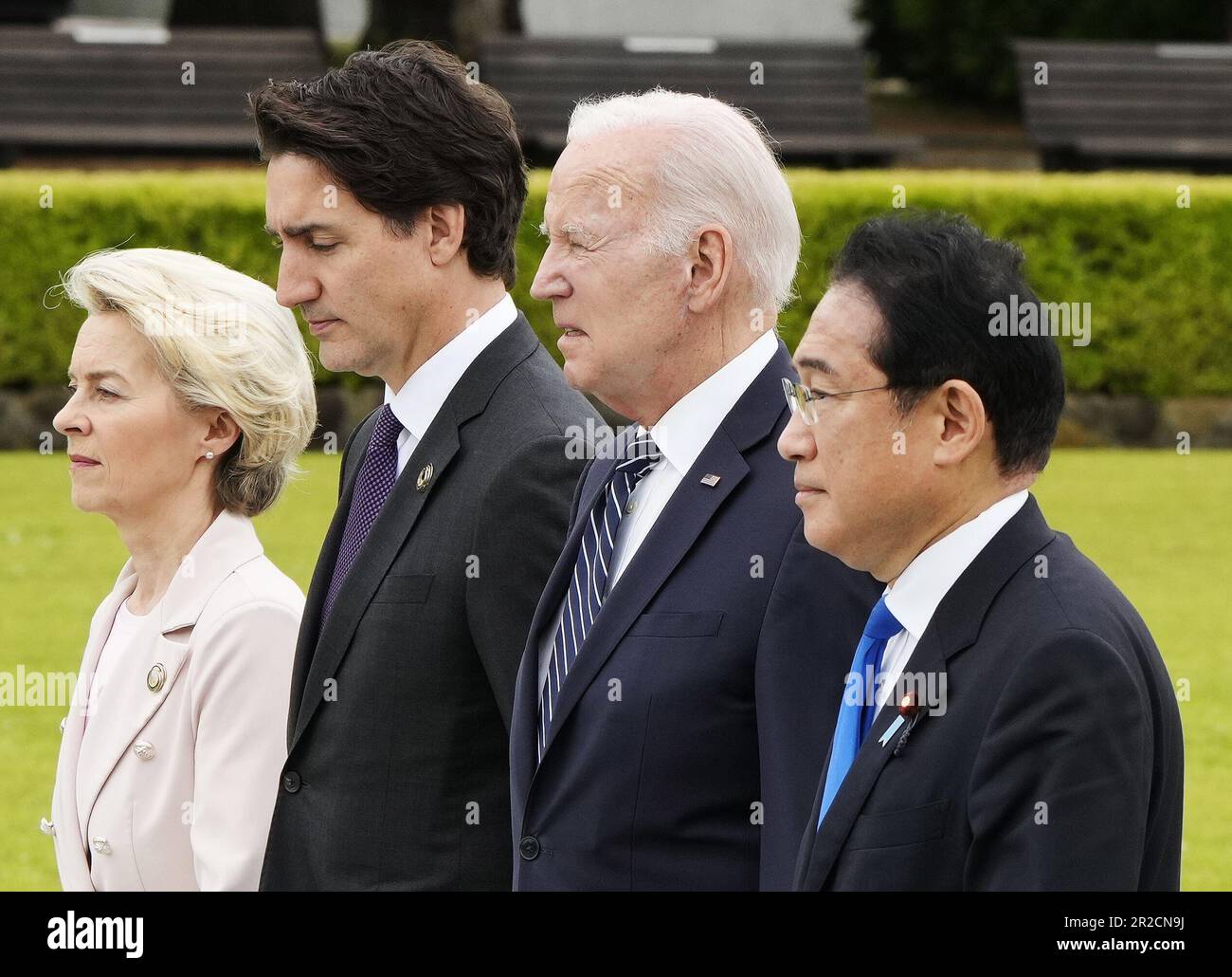 Hiroshima, Japan. 19th May, 2023. (L-R) European Commission President Ursula von der Leyen, Canadian Prime Minister Justin Trudeau, US President Joe Biden and Japan's Prime Minister Fumio Kishida walk to a flower wreath laying ceremony at the Cenotaph for Atomic Bomb Victims in the Peace Memorial Park as part of the G7 Hiroshima Summit in Hiroshima, Japan, 19 May 2023. (Photo by Franck Robichon/Pool) The G7 Hiroshima Summit will be held from 19 to 21 May 2023. (Credit Image: © POOL via ZUMA Press Wire) EDITORIAL USAGE ONLY! Not for Commercial USAGE! Stock Photo
