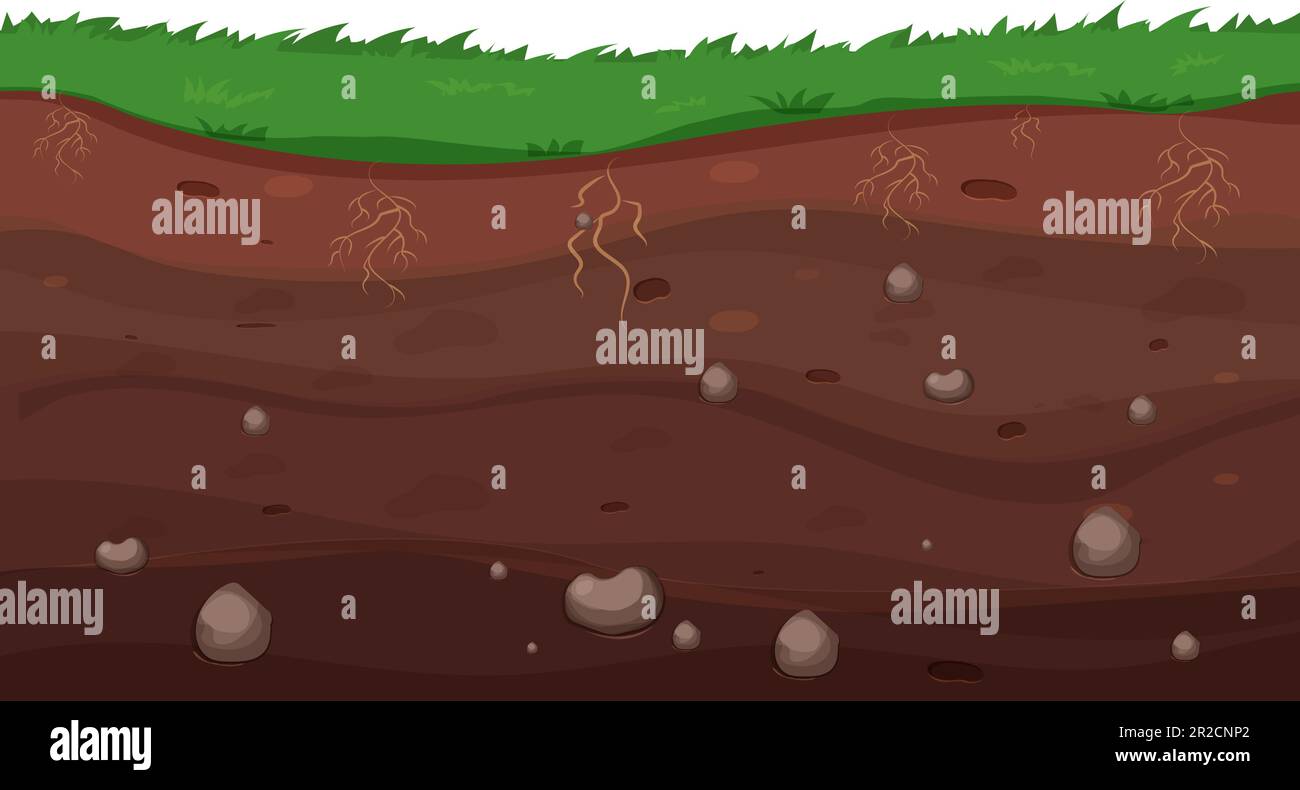 Ground land underground cross section textured with stones in cartoon style. Game level, scenery. Farming ar garden. Vector illustration Stock Vector