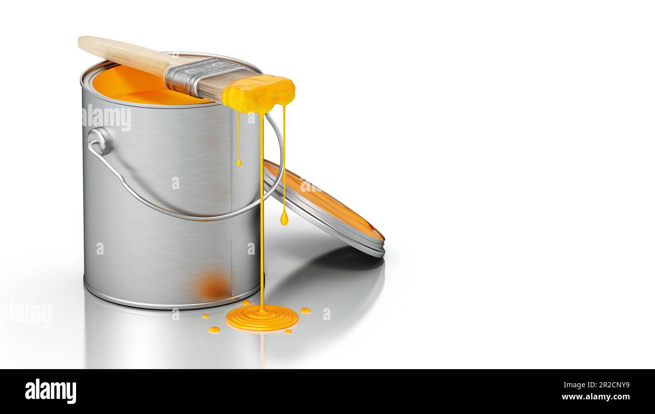 Open paint can and brush with dripping yellow paint. Copy space on the