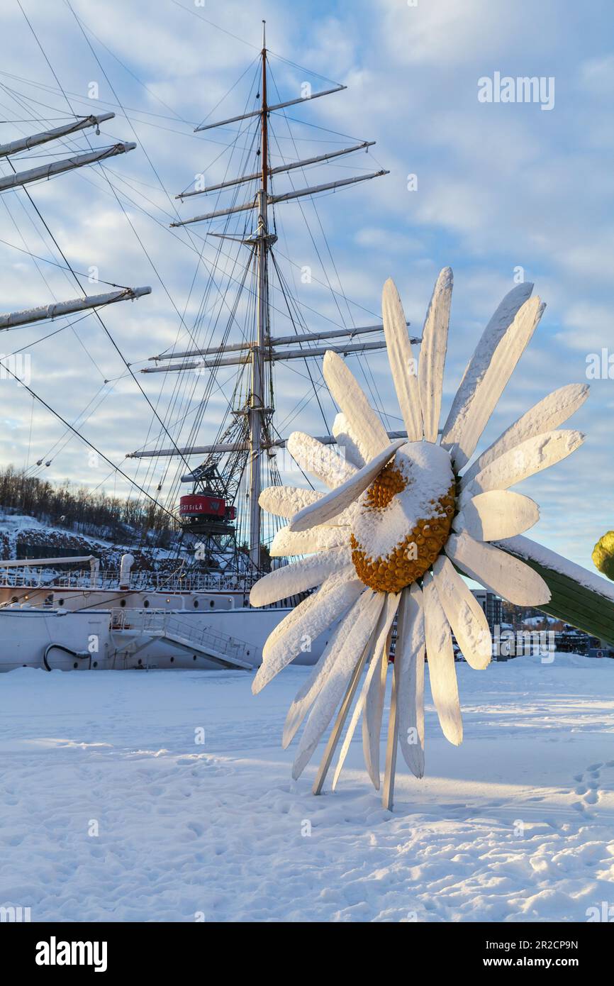 Turku, Finland - January 22, 2016: Giant chamomile flower installation  on a winter day, vertical photo Stock Photo