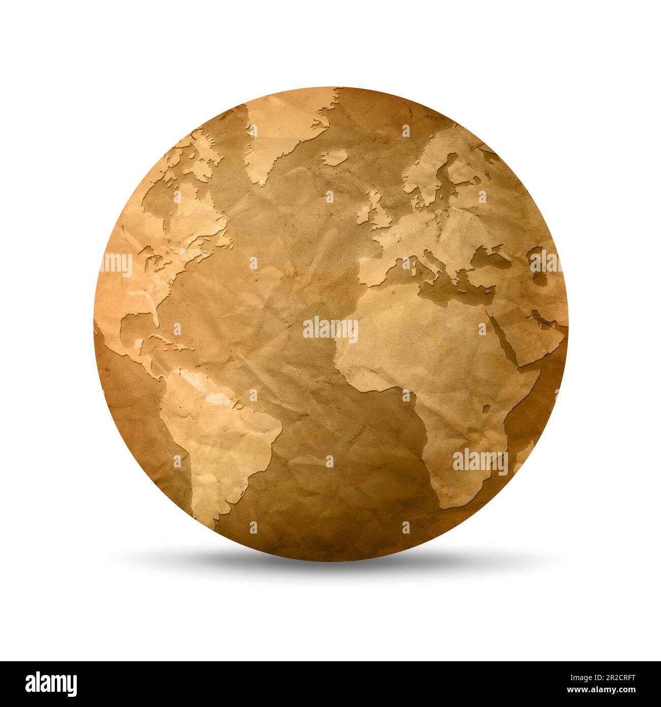 Crumpled old paper world globe isolated on white background. 3D ...
