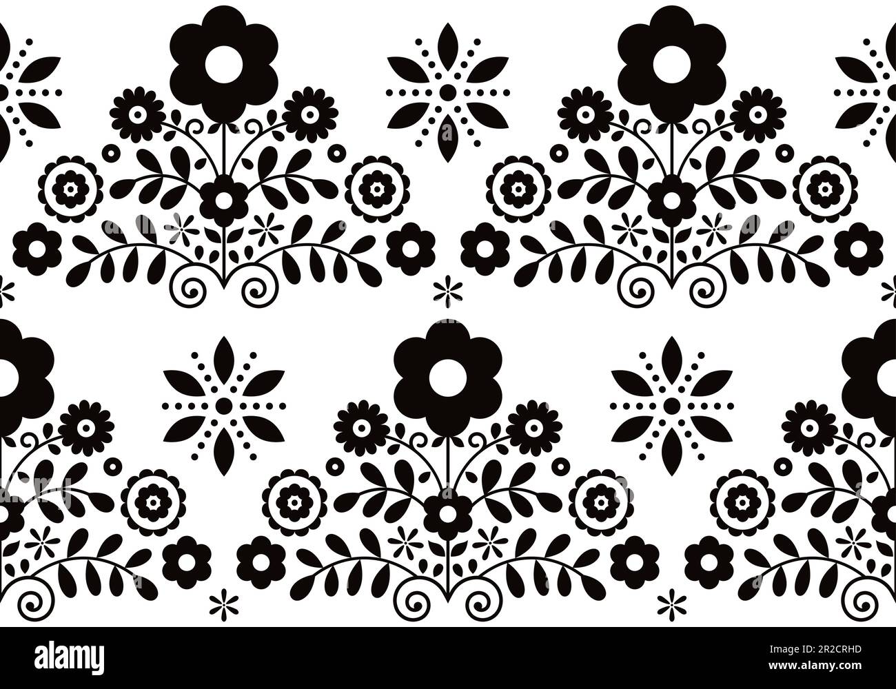 Repetitive monochrome ornament with flowers, old ethnic design from Nowy Sacz Poland Stock Vector