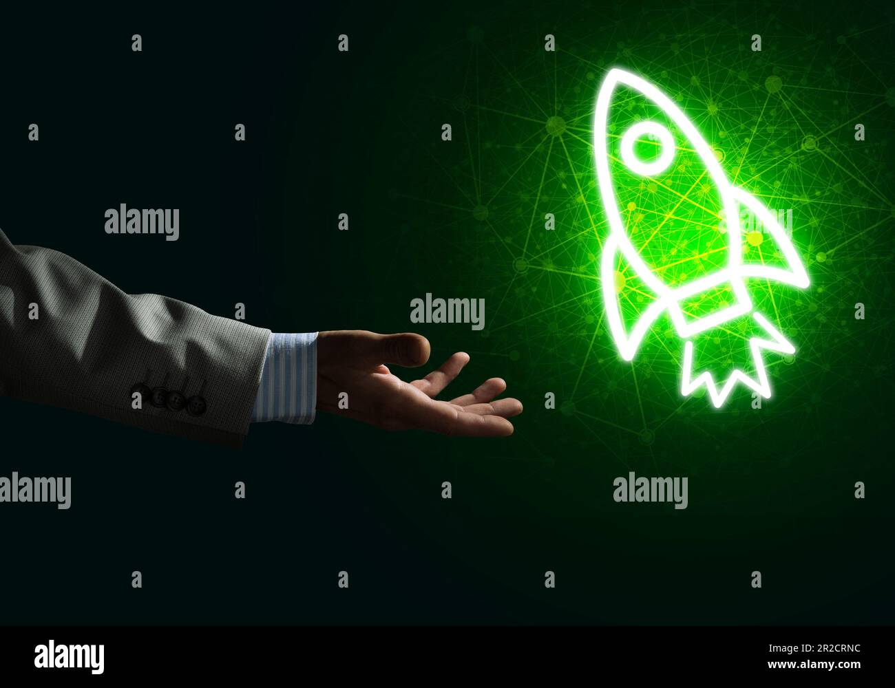 Man palm presenting Rocket web icon as technology concept Stock Photo ...