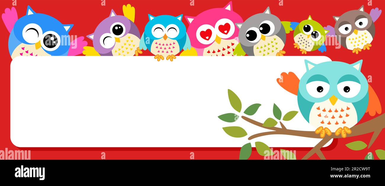 llustration-of-cute-happy-owls-with-blank-board-label-stock-photo-alamy for Owl Name Tags Free Printable llustration of cute happy owls with blank board label Stock Photo - Alamy for Owl Name Tags Free Printable