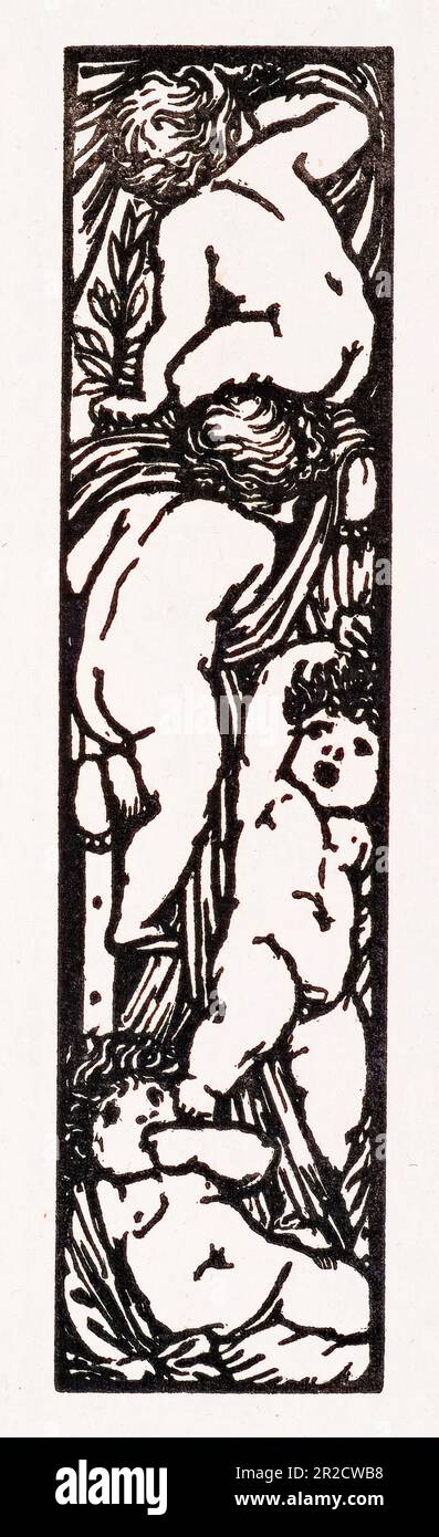 William Morris, Love is Enough, upright border or sidepiece with four Putti, woodcut print 1872 Stock Photo