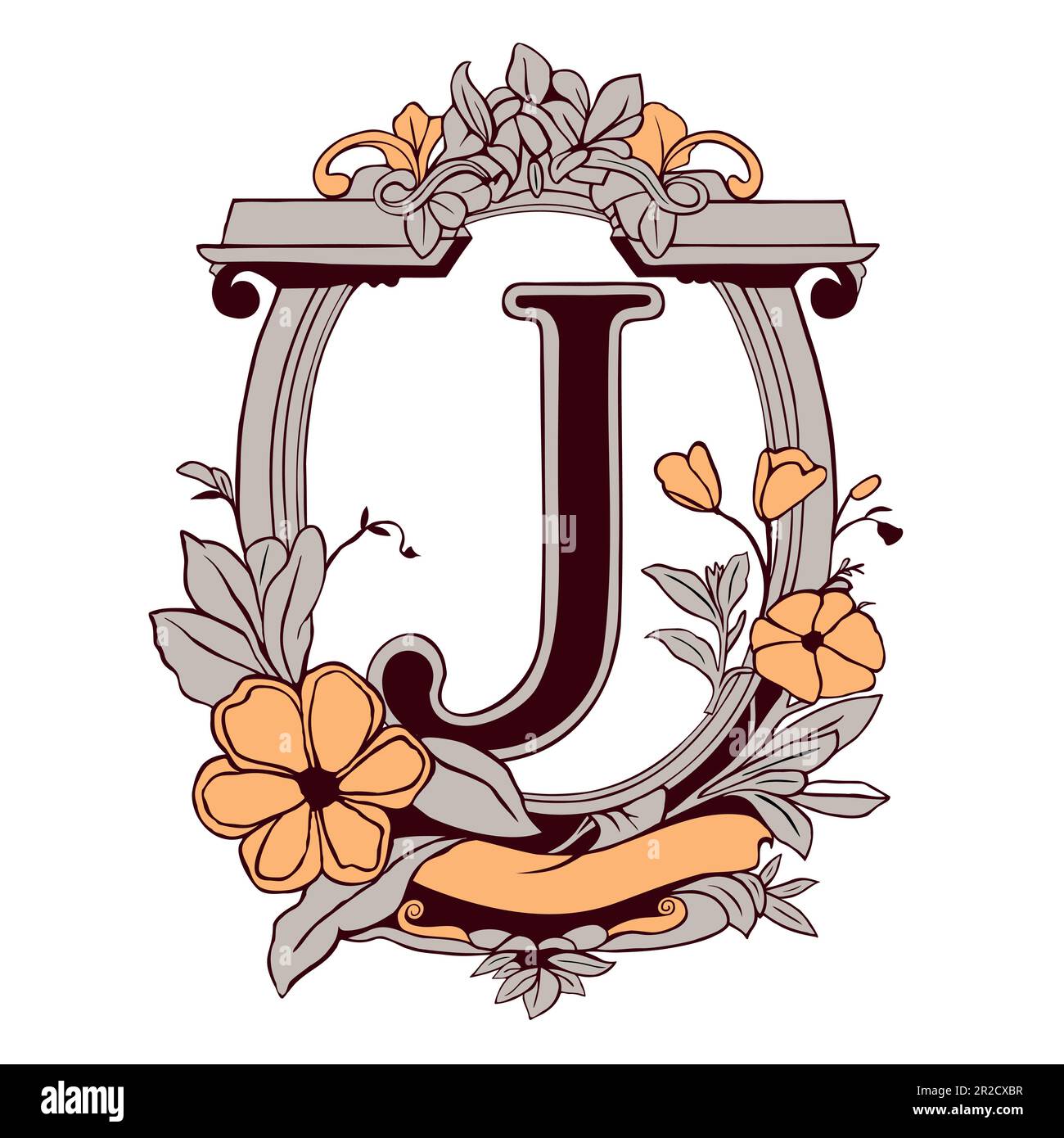 Letter J Floral monogram. Vintage ornament initial Alphabet spiral style. Stock Vector