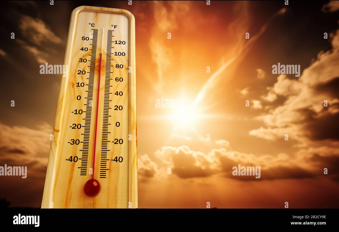 Heat, thermometer shows the temperature is hot in the sky, Summer Stock