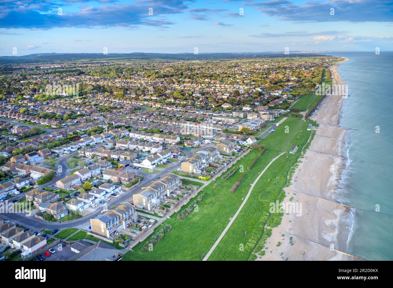 Aerial view of Rustington Village in West Sussex on the seafront by